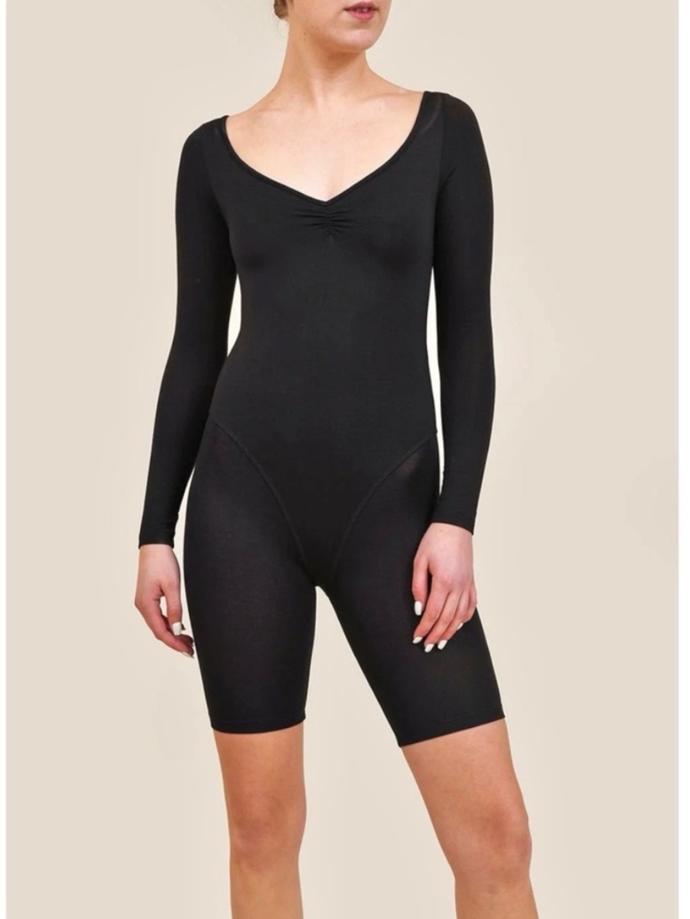 Black Long-Sleeve V-Neck Stretch Romper